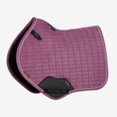 Quilted plum-colored horse saddle pad with a contoured shape, featuring black and beige trim and black reinforcement areas for durability.