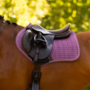 A close-up of a dark brown horse wearing a black saddle with stirrups and a quilted purple saddle pad. The background is blurred, green foliage.