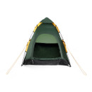Green Regatta 2-man camping tent, front view with open entrance and extended guy lines.