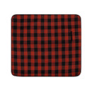 Red and black check picnic blanket laid flat, top view.