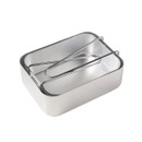 Stacked aluminium mess tins nested together with folding handles folded flat.