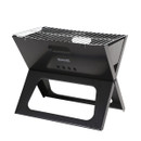 Black Regatta portable charcoal BBQ grill with chrome cooking grate, angled front view.
