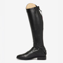 A sleek black leather riding boot stands upright against a white background. The boot has a high shaft, subtle stitching, and a lace-up design at the ankle, conveying elegance and durability.