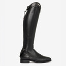 Sleek black equestrian boot with a high gloss finish, featuring intricate stitching and a zip at the back. It conveys elegance and functionality.