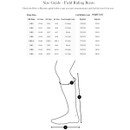 Size guide for field riding boots showing shoe sizes, calf width, and height in cm. Includes a diagram of foot length and calf measurement.