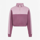 Cropped pink and mauve sweatshirt, featuring a zippered high collar with "LUXE" text. Contrasting light and dark pink panels create a stylish, sporty look.