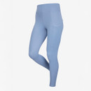 Light blue leggings with a slim fit and high waistband, featuring side pockets and subtle pattern on the legs. The tone is casual and sporty.