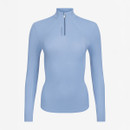 Light blue, long-sleeved athletic top with a high collar and half-zip front. The fabric appears smooth and fitted, conveying a sleek, sporty style.