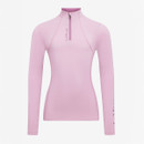 Light pink long-sleeve athletic top with a quarter-zip neckline and slim fit. "LeMieux" is printed on the chest and sleeve, conveying a sporty, sleek look.