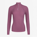 Long-sleeved, mauve athletic top with a quarter-zip design and slim fit, set against a plain white background, conveying a sleek, sporty style.