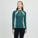 Smiling woman wearing a teal and light yellow long-sleeve athletic top with a zip collar and "LEMIEUX" printed on the chest, set against a light gray background.