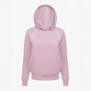 Light pink hoodie with a raised hood and drawstrings. It features a front kangaroo pocket and subtle panel details, conveying a casual, cosy vibe.