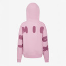 A pink hoodie with bold, dark pink letters across the back and sleeves on a plain white background. The hoodie is shown from the back view.