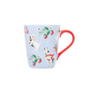 Light blue mug with a red handle, featuring illustrated dogs, strawberries and floral details, shown against a plain white background.