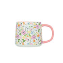 Small white mug with a pink handle and pastel ditsy floral print, shown on a white background.