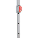 Close-up of adjustable gazebo leg with red push-button height settings and multiple locking holes.