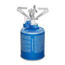 Campingaz camping stove mounted on blue butane/propane gas canister, front view with control knob and supports open.