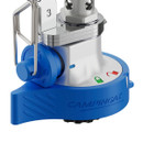 Close-up of Campingaz stove base showing ignition control knob and brand logo on blue housing.
