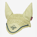 Pale yellow equestrian ear bonnet with a crochet design, featuring large soft fabric ears and a blue trim. It includes the logo "LeMieux" on the front.