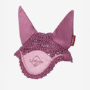 Pink equestrian fly bonnet with crochet design and soft fabric ears, labeled "LeMieux." The bonnet has a stylish and functional appearance.