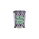 Price’s Candles “Gentle Dew” scented candle in a patterned glass holder with a mint green label, featuring an arched geometric design in shades of purple, green and white.