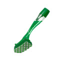 Close-up of a green soap-dispensing dish brush with a clear handle and green cap, featuring a green and white patterned sponge head, shown on a plain background.