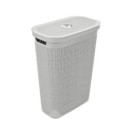 Tall light grey laundry hamper with a woven-texture design and fitted lid, shown against a plain background.