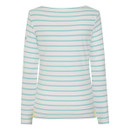 Back view of women’s white and peppermint striped long-sleeve Breton top with subtle side hem splits and yellow tab accents.