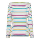 Back view of women’s white long-sleeve Breton top with multicolour horizontal stripes and subtle side hem splits.