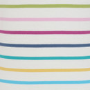 Close-up of white fabric with thin multicolour horizontal stripes in pink, teal, yellow, blue and green.