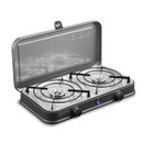 Angled view of a CADAC 2 Cook 2 Pro portable double-burner gas stove with the lid open, displaying both burners and front control knobs.
