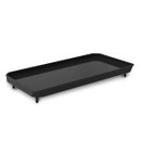 Rectangular black non-stick plancha grill plate with raised sides and short corner legs, shown at an angle against a plain background.