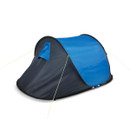 Rear angled view of the tent showing curved dome shape, rear vent, and green guy lines secured for stability.