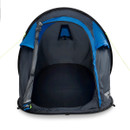 Front view of blue and grey two-person pop-up tent with door open, showing spacious black interior and small rear ventilation window.