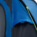 Close-up of blue and grey tent fabric with stitched seams and a small covered ventilation window secured by a green guy line.