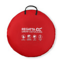 Round red carry bag with handles featuring “Regatta Great Outdoors” logo and icons for fire retardant, 1500mm waterproof rating, 2-person capacity and 2-second pitching time.