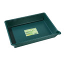 Green plastic pouring tray with raised sides and integrated pouring lip, shown with product label in the centre.