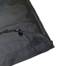 Close-up of black gas bottle cover fabric with elasticated drawstring and toggle fastening.