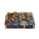 Box of Solar Iridescent Ball LED hanging lights in assorted colors with gold tops.