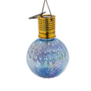 Blue iridescent solar LED ball light with gold top and hanging clip.