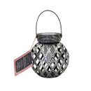 Silver effect solar party lantern with cut-out lattice design and hanging handle.
