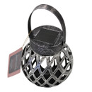 Angled view of silver effect solar lantern showing built-in solar panel and hanging handle.