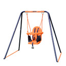Hedstrom toddler swing set with orange safety seat and metal frame isolated on a white background.