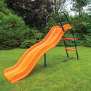 Hedstrom children’s outdoor slide with orange chute and metal frame set up on a lawn.