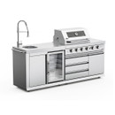 Freestanding stainless steel outdoor kitchen with integrated sink, tap, barbecue grill, drawers, cupboard and glass-front drinks fridge on a white background.