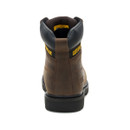 Rear view of brown Caterpillar CAT Silva work boot showing padded collar, heel pull tab, and Caterpillar branding around the ankle.