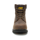 Front view of brown Caterpillar CAT Silva lace-up boot with round toe, metal eyelets, and yellow CAT logo on the tongue.