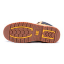 Bottom view of Caterpillar CAT Silva honey boot showing rubber outsole with yellow CAT logo and traction tread pattern.