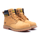 Front angled view of honey Caterpillar CAT Silva lace-up work boots with round toe design and CAT logo on the tongue.
