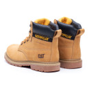 Rear angled view of Caterpillar CAT Silva honey work boots showing heel pull tabs, padded collars, and CAT branding.